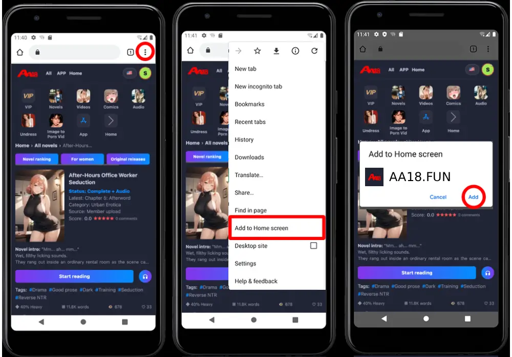 Android Chrome screenshots showing More, Add to Home screen, and Add.