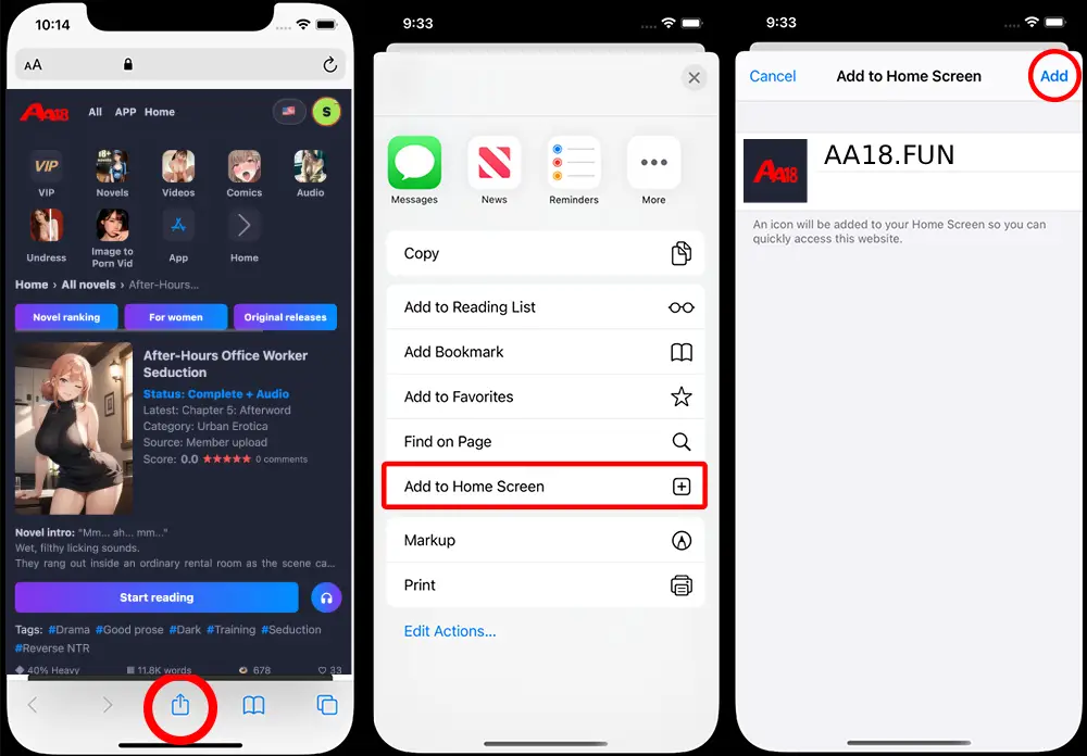 iPhone Safari screenshots showing Share, Add to Home Screen, and Add.